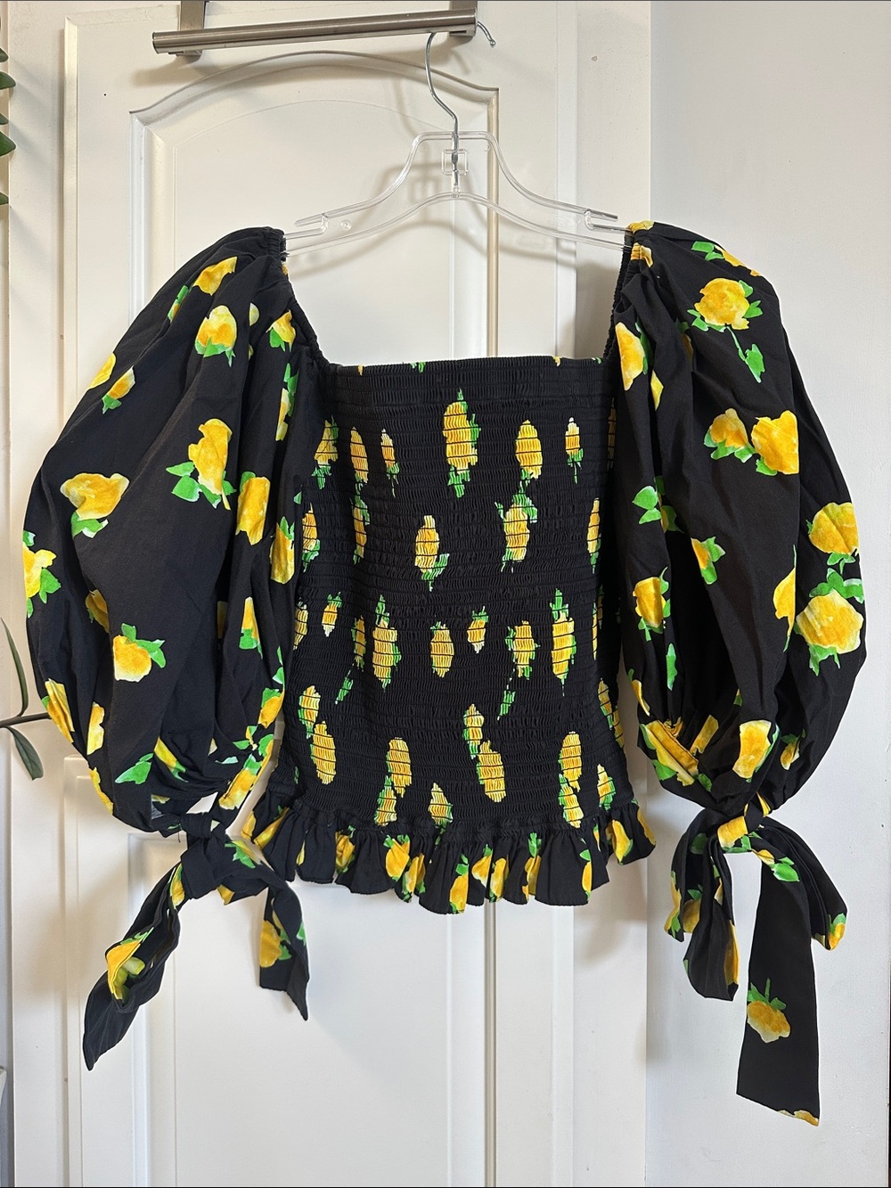 Caroline Constas Nora off-the-shoulder shirred top Sz L Black Yellow Floral Prin